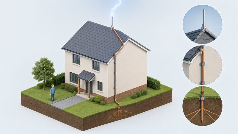 A simplified isometric house roof with a slender vertical air terminal at its ridge, a down conductor running down the outside wall to an earth termination in the ground, showing the controlled path a strike takes to earth.
