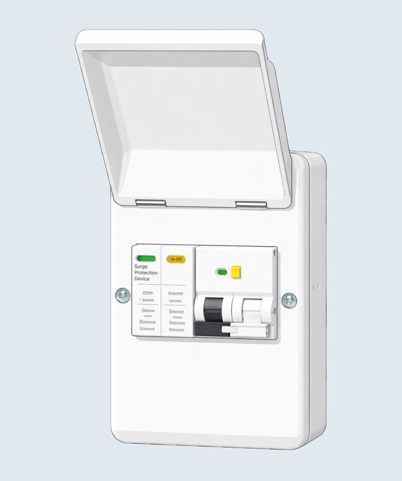 A white consumer unit enclosure with its lid open, containing a surge protection device module and a circuit breaker