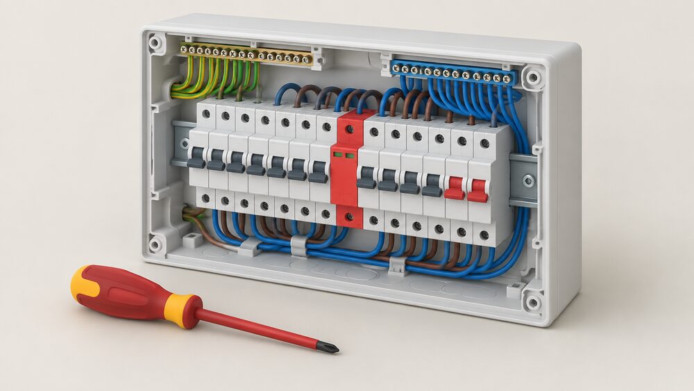 A close-up of a domestic consumer unit with its front cover removed, showing a surge protective device occupying a module position alongside the rows of circuit breakers, with an electrician's screwdriver resting nearby.
