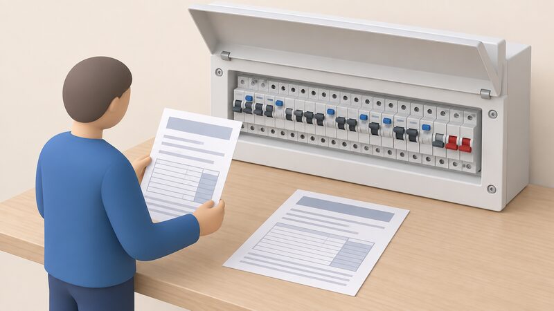 A certificate and schedule of protective devices lying on a table beside an open consumer unit, its rail full of circuit breakers and RCBOs with no additional SPD module, a simplified figure holding the papers to check them against the board.