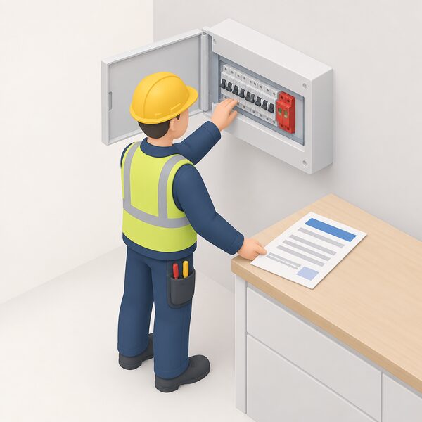A simplified isometric electrician standing beside an open consumer unit in a new build home, handing or laying an electrical installation certificate, drawn as a physical paper document with blank lines and plain blocks, on a nearby surface.