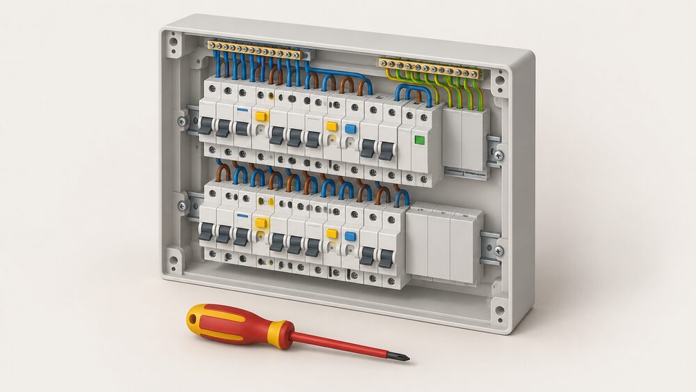 A close-up of an open consumer unit with its front cover removed, showing a two-row rail of circuit breakers and RCBOs with a spare way holding an SPD module with its own small status indicator, and an electrician's screwdriver resting nearby.