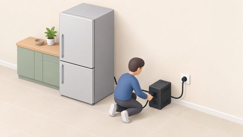 A small isometric kitchen scene showing a fridge freezer plugged into a compact UPS unit that sits on the floor beside it, with the UPS's lead running to a wall socket, and a simplified figure kneeling to connect the appliance plug into the UPS outlet.
