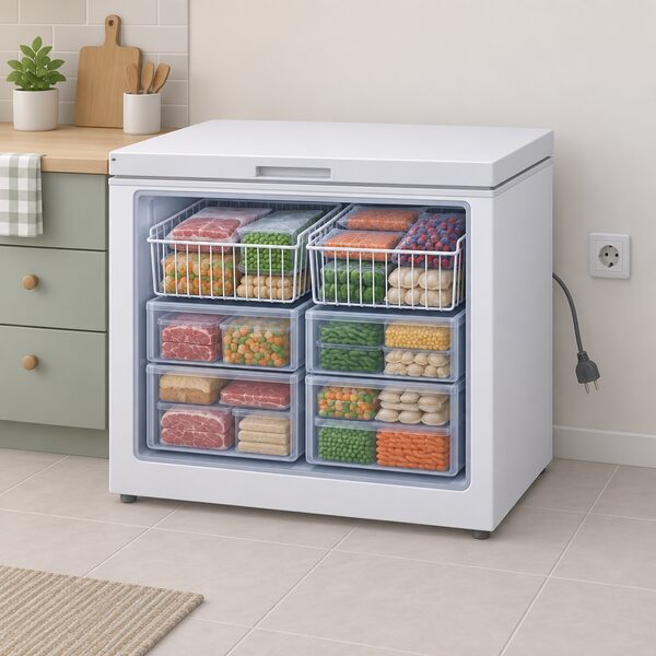 A closed chest freezer standing in a kitchen with its power plug hanging unplugged from the wall socket, its lid shut, while a cutaway view of the interior shows baskets and drawers packed tightly full of frozen food with no gaps.