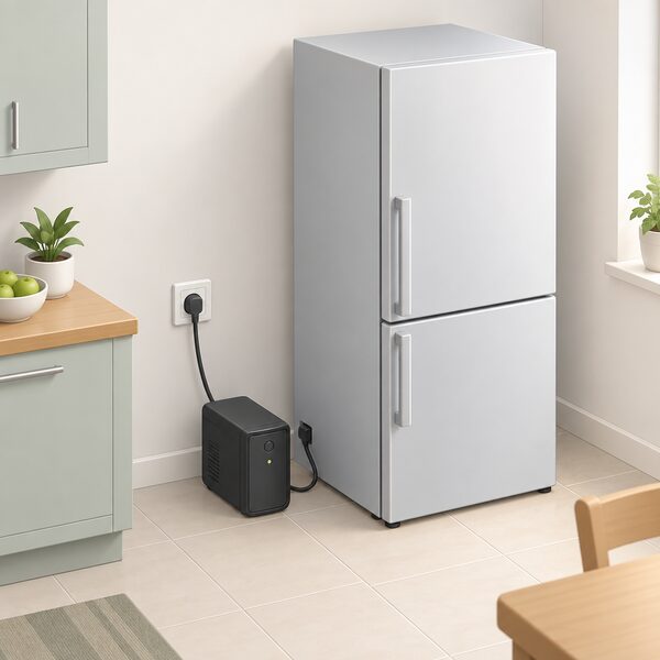 A small plug-in UPS unit standing on the floor beside a domestic fridge in a kitchen, with its mains lead running to the wall socket and a cable from the UPS to the fridge's plug, showing the fridge as one protected load.