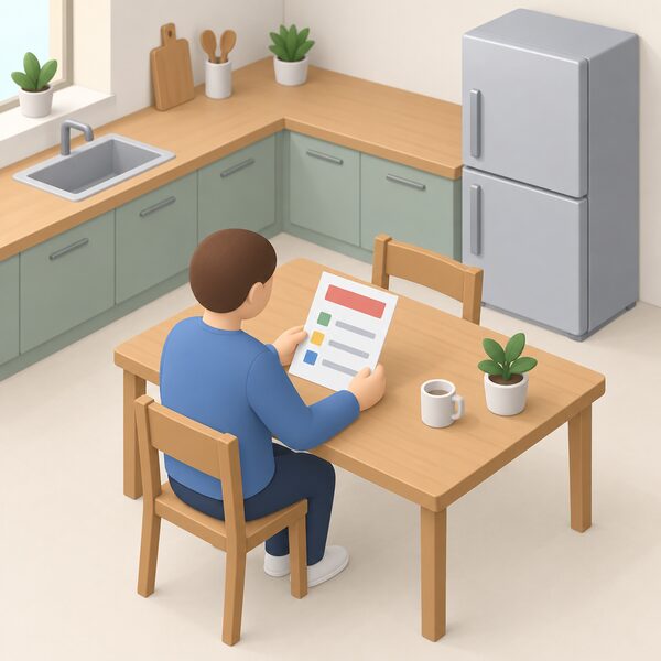 A simplified isometric figure stands at a kitchen table holding a printed home emergency plan document, shown as a physical sheet with blank lines and plain colour blocks, with a fridge visible in the kitchen background.