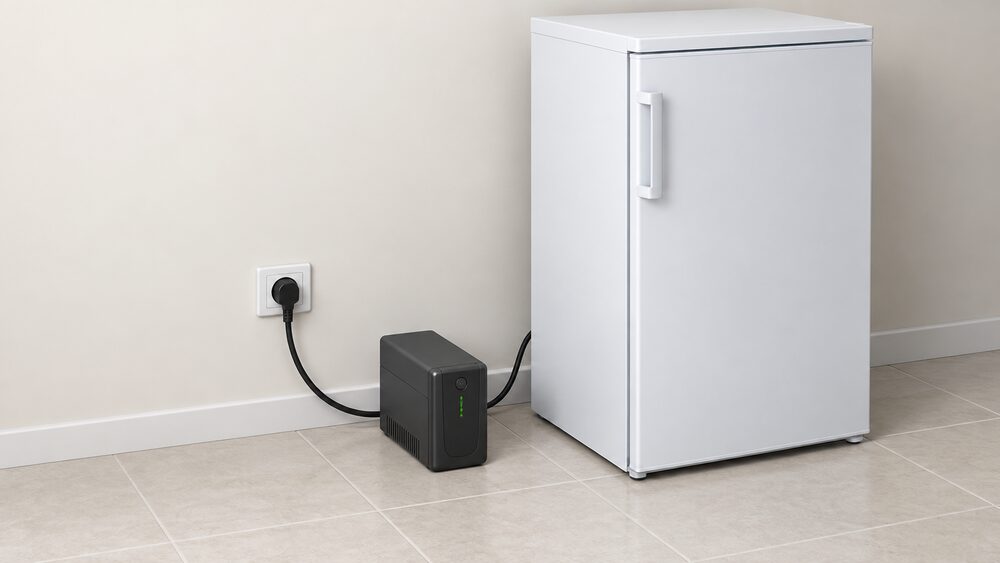 A close-up of a domestic UPS unit standing on the kitchen floor beside an upright freezer, its lead running to a wall socket and a second lead from the UPS to the freezer's plug, with the freezer door firmly closed.
