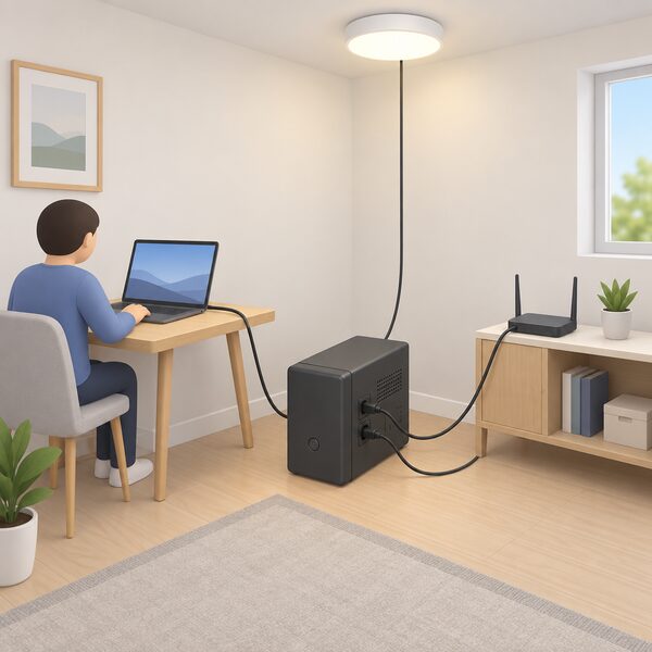 A UPS unit standing on the floor of a room, its outlets connected by leads to a laptop on a table, a broadband router and an LED light fitting, showing the electronic household load it powers.