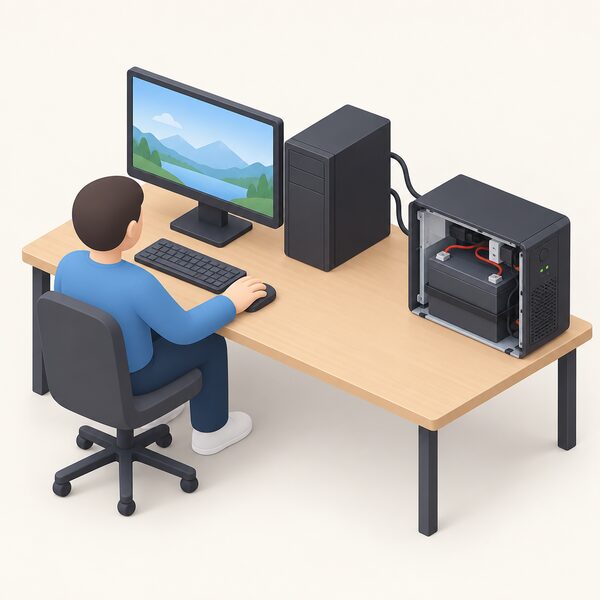 An open UPS tower on a desk with its case removed to reveal the battery inside, connected by its cable to a small isometric figure's computer and monitor, showing the battery as the energy store that keeps the load running.