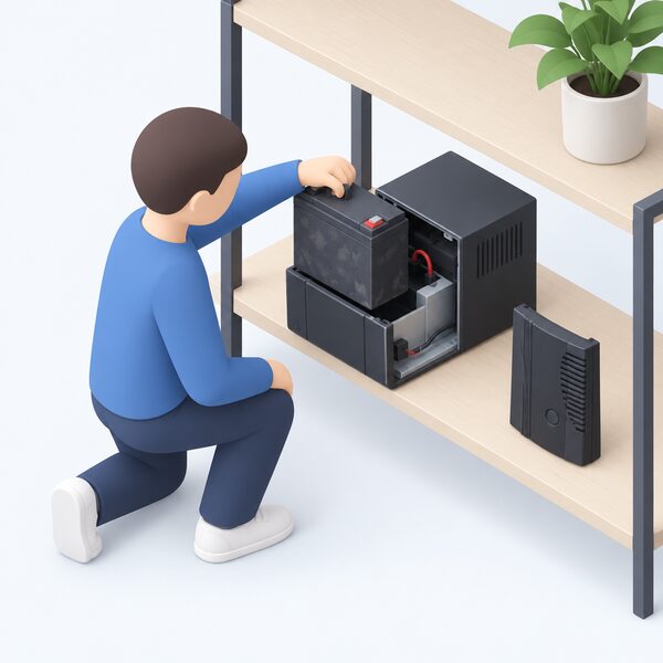 A simplified isometric figure kneels beside an open desktop UPS on a cool, airy shelf at home, lifting a worn battery block out of the open casing with one hand while the detached front panel rests nearby, ready for the replacement battery.