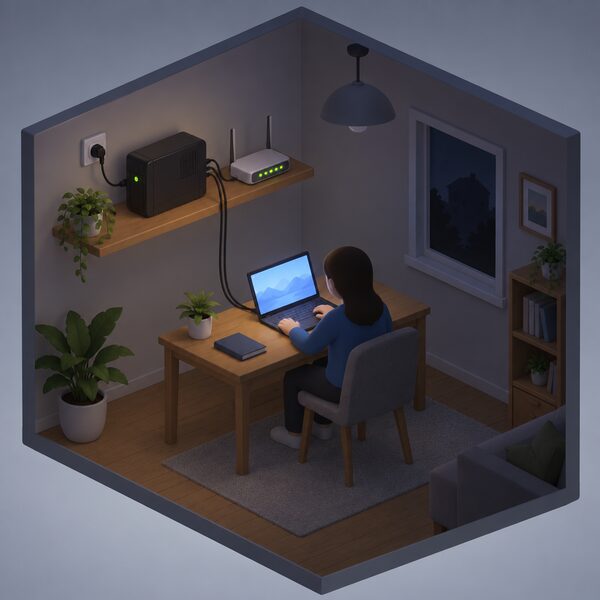 A small isometric home room during a power cut, with a UPS unit on a shelf connected by cables to a broadband router and a laptop that both stay lit, while a ceiling light above is dark.