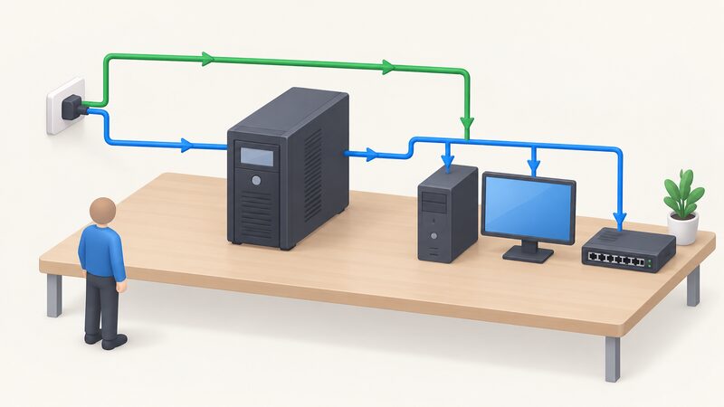A simplified isometric diagram of a UPS unit on a desk with mains supply entering it and protected equipment (desktop computer, monitor and network switch) connected downstream, plus a bypass path around the UPS back to the same equipment.