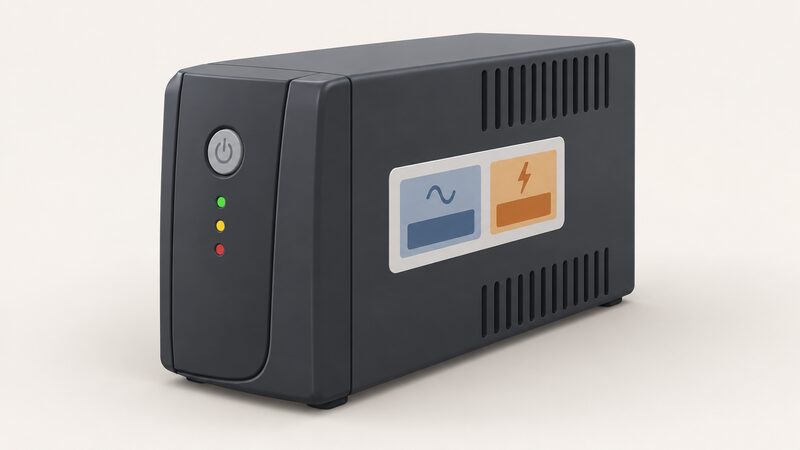 A close-up of a UPS nameplate on the side of a small desktop UPS unit, with two plain rating blocks side by side, one for VA and one for watts, shown as blank colour bands with no readable figures.