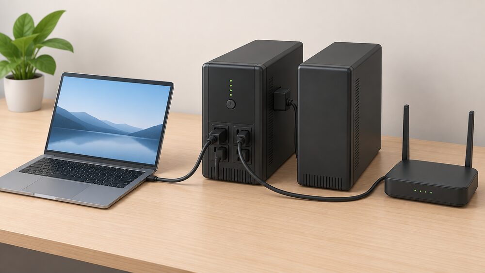 A close-up of a tower UPS on a desk surface, its battery expansion module standing beside it, with power leads running from its rear sockets to a laptop and a Wi-Fi router placed nearby, and no other equipment.
