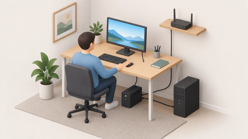 A small isometric home office scene showing a compact standby UPS unit under a desk, with power leads running from it to a desktop tower on the floor beside the desk, a monitor on the desk and a router on a shelf, all connected by cables.