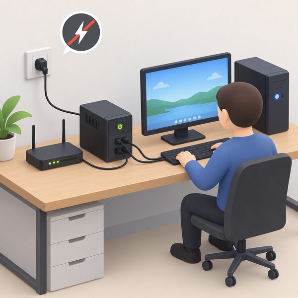 A small standby UPS box on a desk, its mains lead to a wall socket and its outlets feeding a desktop computer and a broadband router, both still running during a short power interruption.