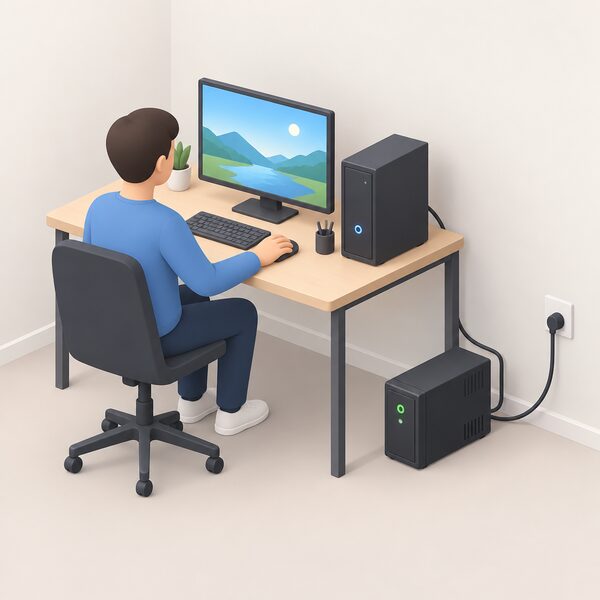 A small isometric desk scene showing a desktop computer and monitor plugged into a UPS on the floor, with a mains wall socket and a cable from the UPS to the PC illustrating the load carried across the transfer gap.