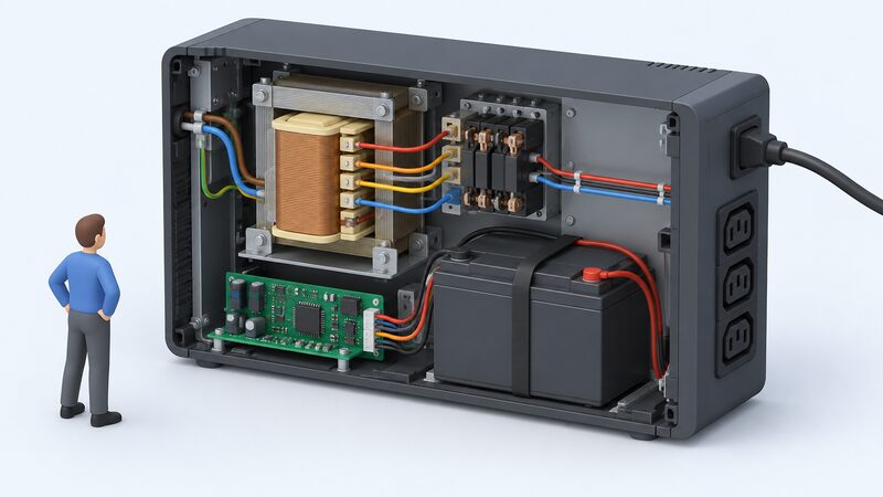 A cutaway line-interactive UPS tower with its cover removed, revealing a tapped transformer with a relay tap-changer forming the AVR, connected between the mains input socket and the output sockets, with the battery sitting alongside but not in the AVR path.