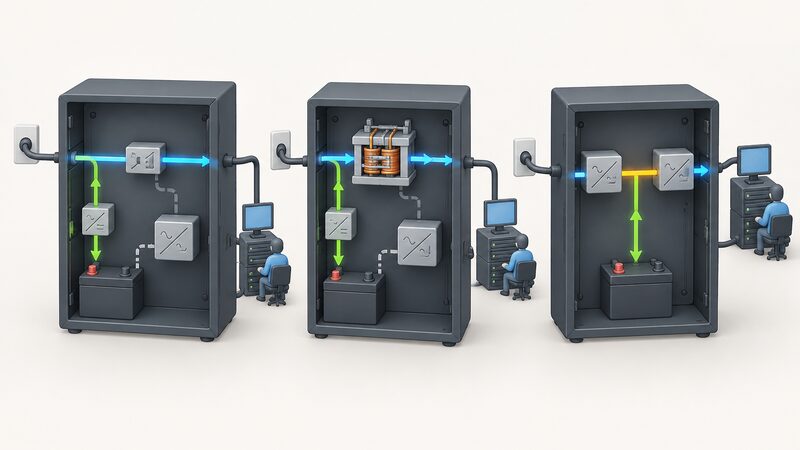 A cutaway diagram of three UPS units side by side, each showing mains input, battery, inverter and output, with the inverter's path highlighted differently: idle in the standby unit, fed through an AVR transformer in the line-interactive unit, and carrying the full load continuously in the online double conversion unit.