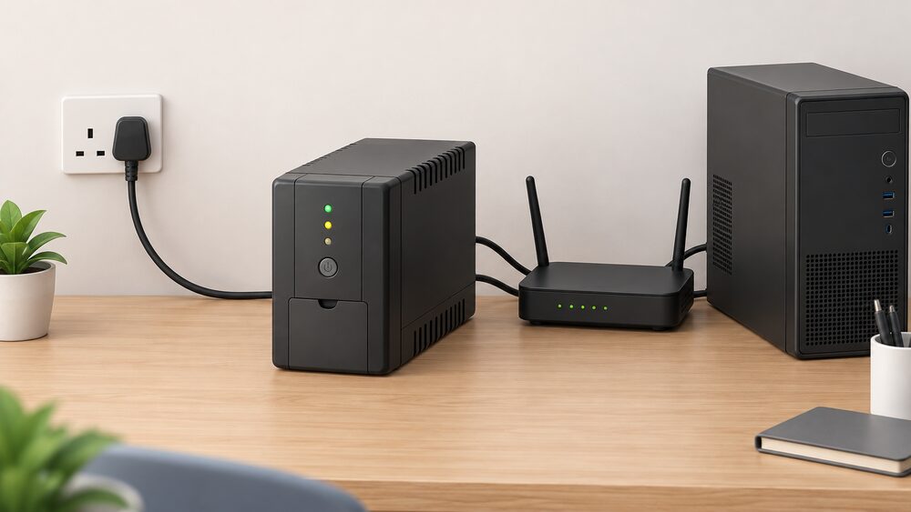 A close-up of a single UPS tower standing on a desk, its mains plug lead running to a wall socket on one side and its output leads running to a broadband router and a small desktop tower beside it, with its battery compartment cover and status lights visible.