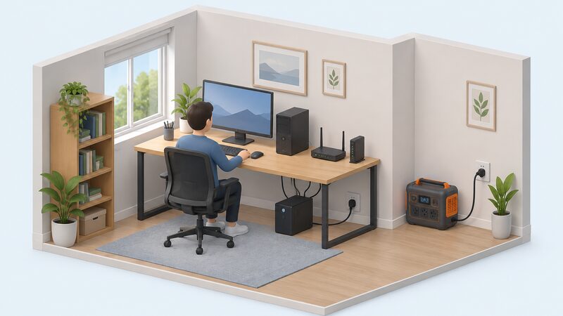 A home office room with a small UPS box under the desk supporting the desktop computer, router and modem, while a portable power station sits charging from a wall socket in the corner, the two on separate sockets.