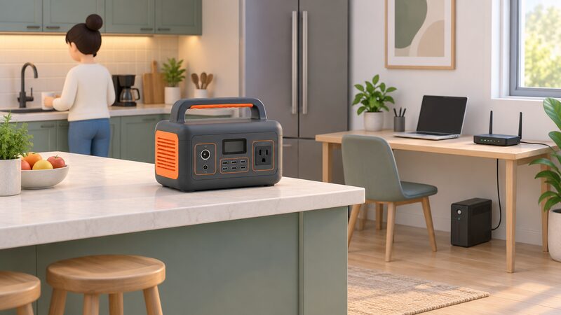A kitchen scene showing a Jackery portable power station with AC, DC and USB ports standing on a worktop, while in the same room a small Eaton UPS sits under a desk with a router plugged into it, contrasting the carryable unit with the continuity unit.