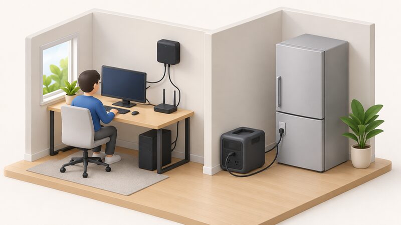 A split scene showing a small wall-mounted UPS unit beside a desk with a desktop PC and router on it, and on the other side a portable power station standing on the floor next to a fridge, each connected by its cable.