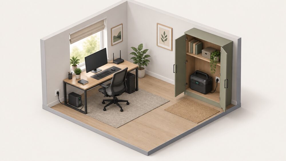 A home office corner where a compact UPS box sits under a desk beside a desktop PC and router, while a larger portable power station stands charged inside an open cupboard across the room, each plugged into its own wall socket.