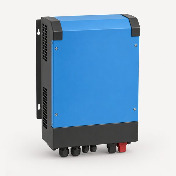 A plain product-style illustration of a single MultiPlus-II inverter-charger, the compact 3000VA model, shown as a freestanding rectangular wall-mountable box with its connection points visible, with no readable markings.
