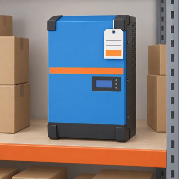 A plain rectangular price label attached to a Victron MultiPlus-II inverter-charger unit sitting on a distributor's shelf, the label showing only blank lines and simple colour bands where the starting price would appear, with no readable figures or words.