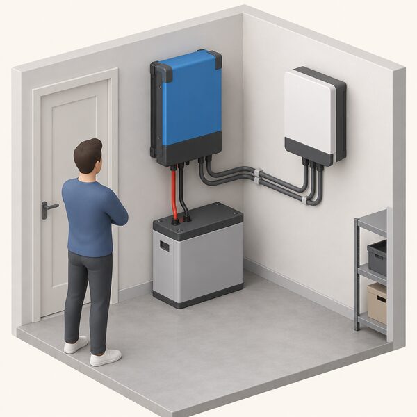 An indoor utility space with a wall-mounted MultiPlus-II inverter-charger connected by thick DC cables to a floor-standing battery, and a grid-tie PV inverter on an adjacent wall wired to the inverter-charger's AC output side.