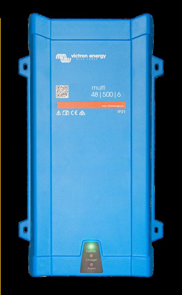 A blue Victron Energy Multi 48/500/6 inverter-charger unit shown front-on against a white background
