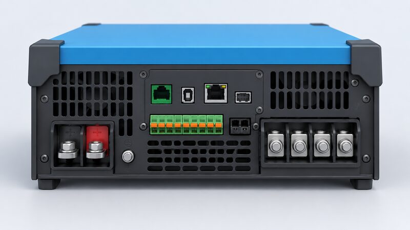 A close-up view of the rear connection panel of a MultiPlus-II GX inverter-charger, showing the BMS-Can, USB, Ethernet and VE.Direct ports clearly arranged among the connection terminals.
