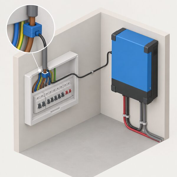 A simplified isometric view of a home's consumer unit with a current sensor clamped around the incoming supply conductor, a thin signal cable running from the sensor to a MultiPlus-II inverter/charger mounted on a nearby wall, so the inverter can measure the property's total load and generation.