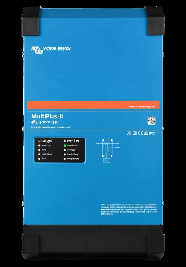 A blue Victron Energy MultiPlus-II 48/3000 inverter/charger unit shown front-on against a white background