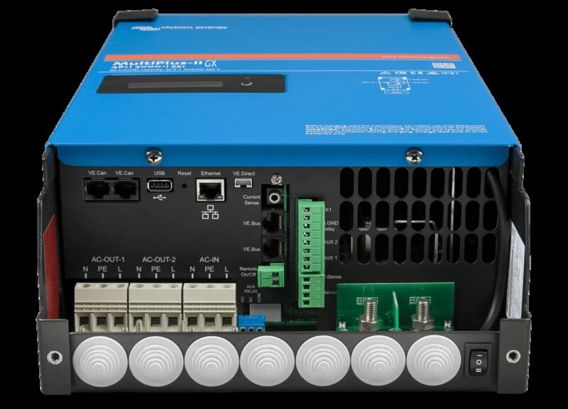 A Victron Energy MultiPlus-II GX inverter/charger unit shown from the rear with its connection terminals and ports visible