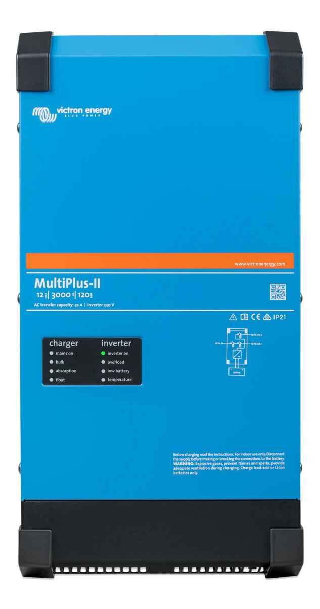 A blue Victron Energy MultiPlus-II 12/3000/120 inverter/charger unit shown front-on against a white background