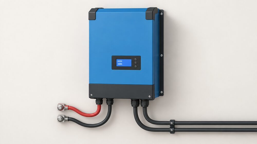 A close-up of a single wall-mounted inverter-charger unit in one enclosure, its small two-line display on the front, with thick battery cables ending in bolted ring terminals and AC cables entering from below, nothing else in frame.
