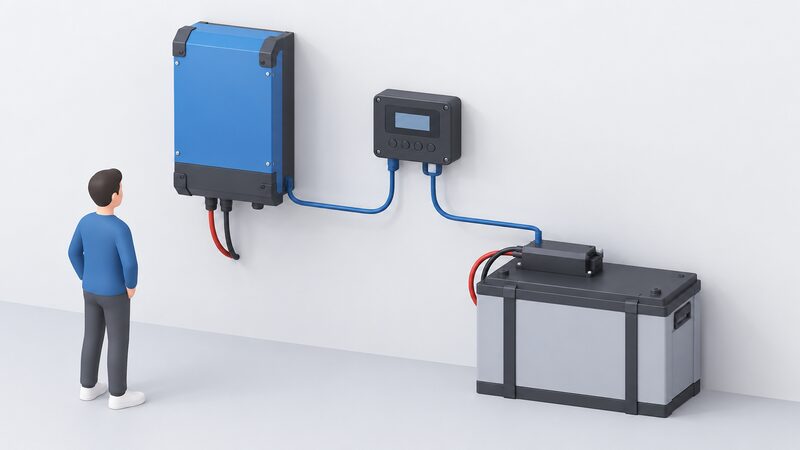 A wall-mounted GX control hub with a small two-line display, connected by data cables to a MultiPlus-style inverter charger beside it and to a managed lithium battery with its battery management system, showing the hub as the meeting point of the system.