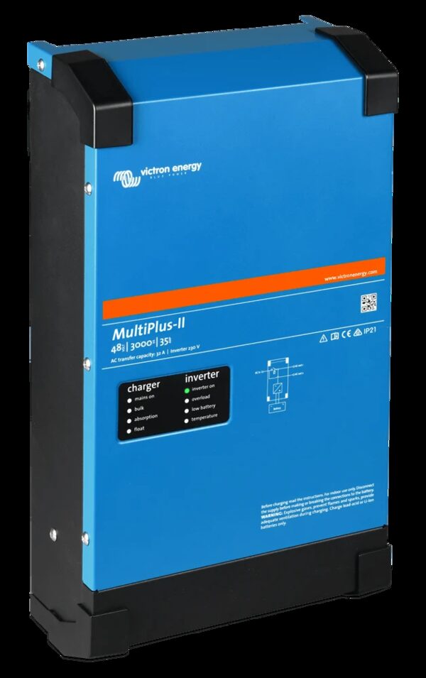A blue Victron Energy MultiPlus-II 48/3000/35 inverter/charger unit shown against a white background