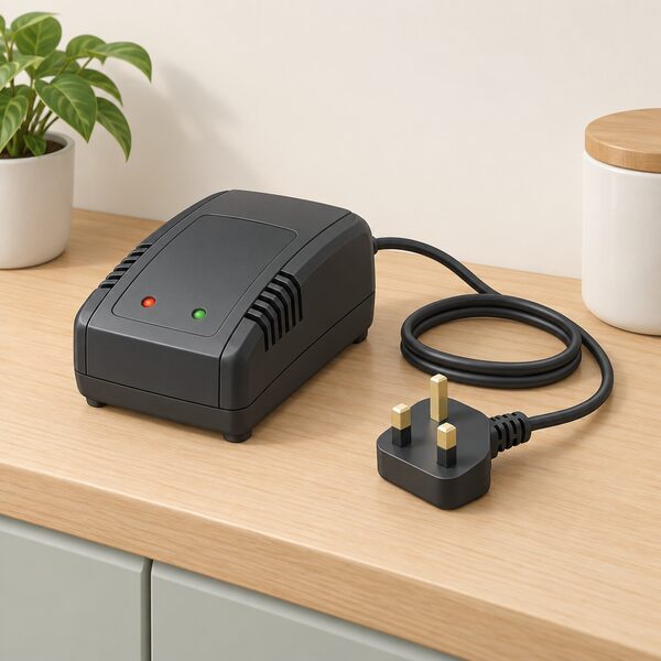 A compact mains battery charger sitting on a household shelf or worktop, its lead ending in a UK three-pin plug, drawn as the kind of charger a UK distributor lists for home use, with no other equipment or people in the scene.
