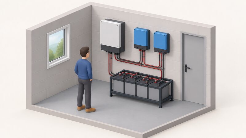 A simplified isometric off-grid plant room showing an inverter charger mounted on the wall, two solar charge controllers beside it, and a battery bank on a low rack, all linked by plain cabling that ties the equipment together.