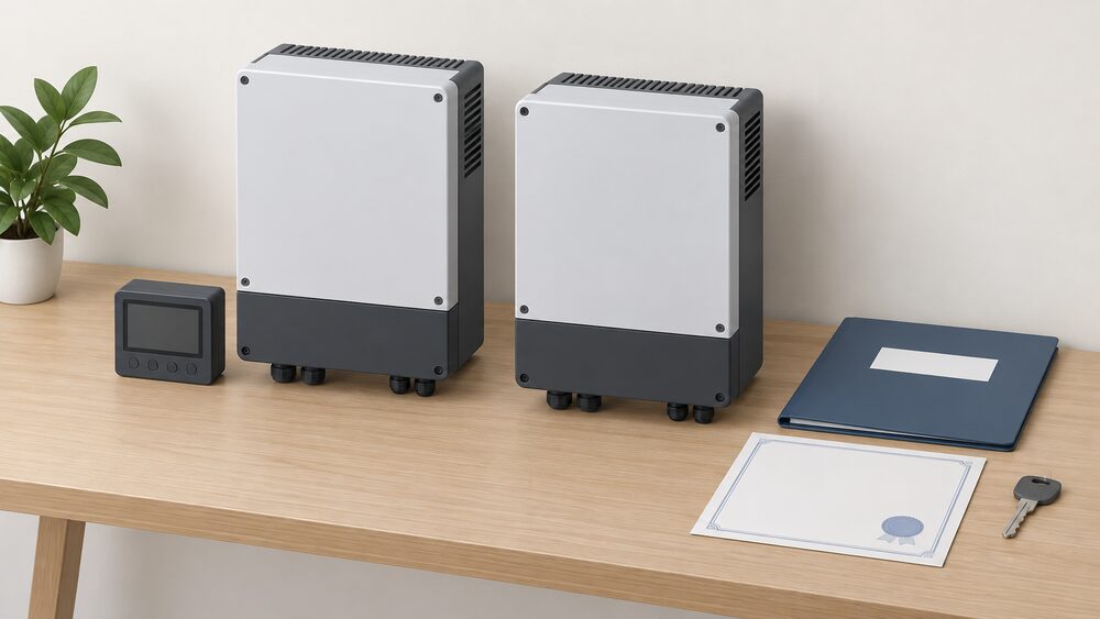 Two plain unbranded wall-mounted inverter charger boxes stand side by side on a table, one with a small control hub unit beside it, next to a blank paperwork folder, a blank warranty certificate sheet and a house key, with no people present.