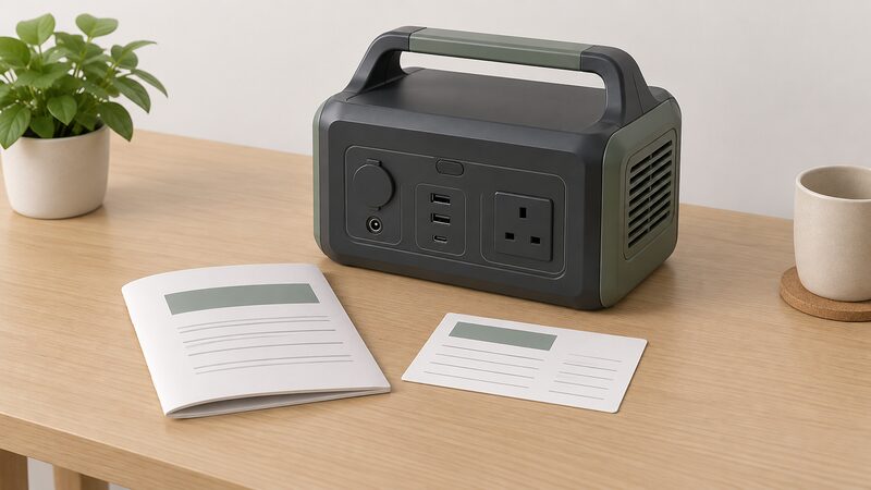 A flat table surface with a folded warranty document and a product registration card laid beside a portable power station, the paperwork shown with blank lines and plain blocks so no words or figures are readable.