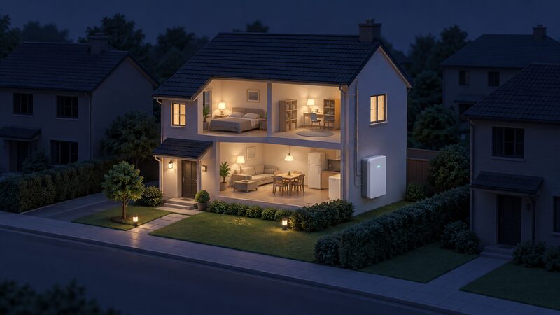 A house at night during a power cut with windows glowing, powered by a home battery unit on an outside wall connected to the main wiring, while neighbouring houses sit dark.