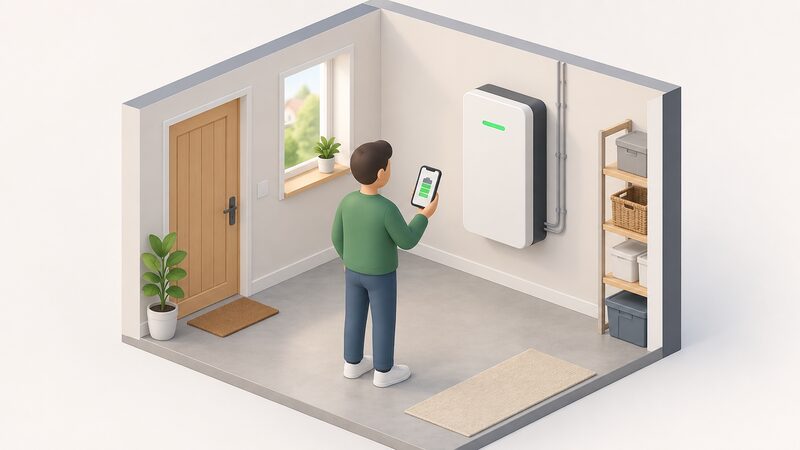 A wall-mounted home battery unit in a utility space with a simplified isometric figure holding a phone whose screen shows a plain battery-status display, illustrating that app access depends on the manufacturer's software business continuing to operate.