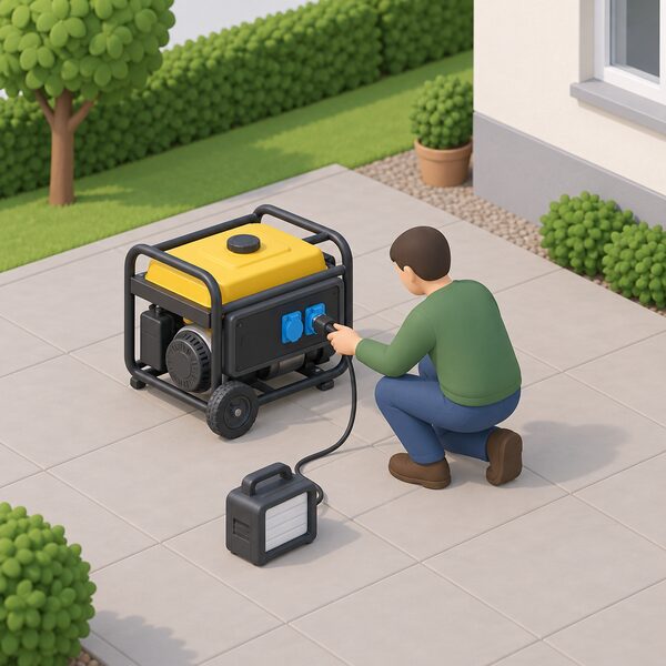 A portable petrol generator standing on a paved area outdoors, away from the house wall, with a small isometric figure plugging an appliance lead into one of the generator's own front sockets, and no cable running to the house wiring.