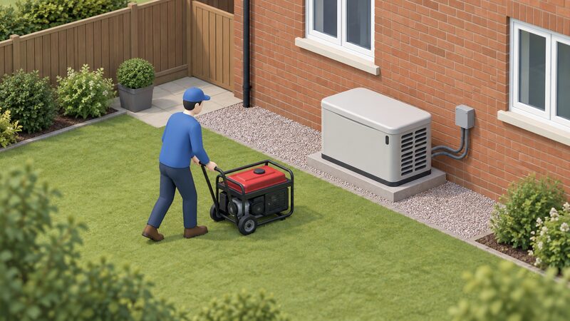 Outside the rear of a UK house, a small isometric figure wheels a portable petrol generator on the ground away from the wall while a larger standby generator sits fixed on a plinth beside the wall, cabled into the house, with no third battery unit shown.