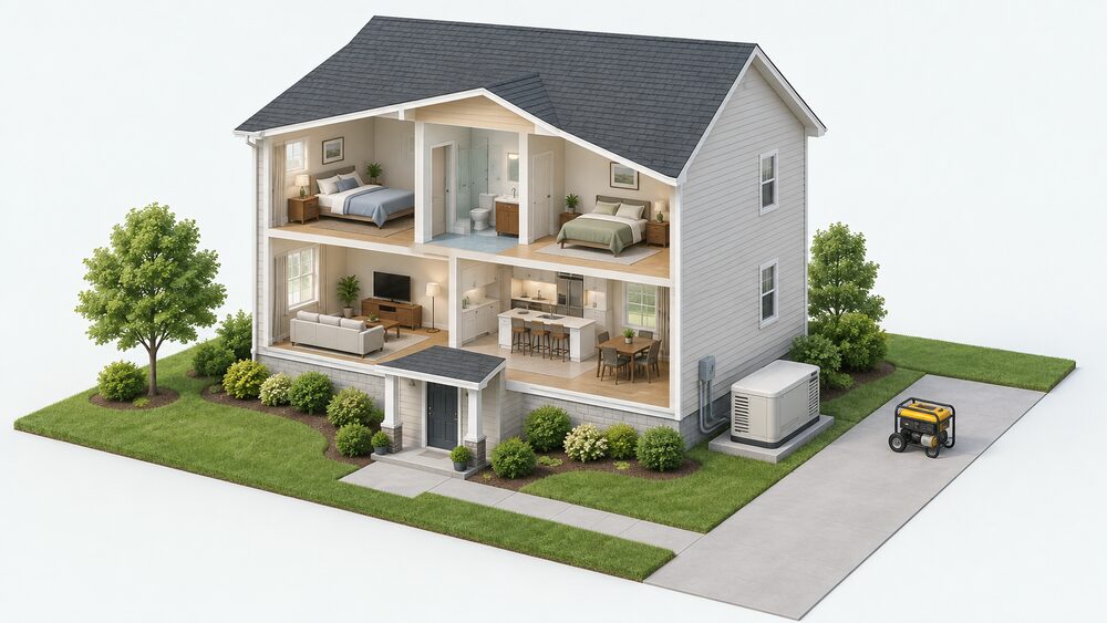 A cutaway house exterior showing a permanently installed standby generator fixed on the ground outside the building, with a wheeled portable generator standing on the drive nearby, both positioned outdoors away from the home's living spaces.
