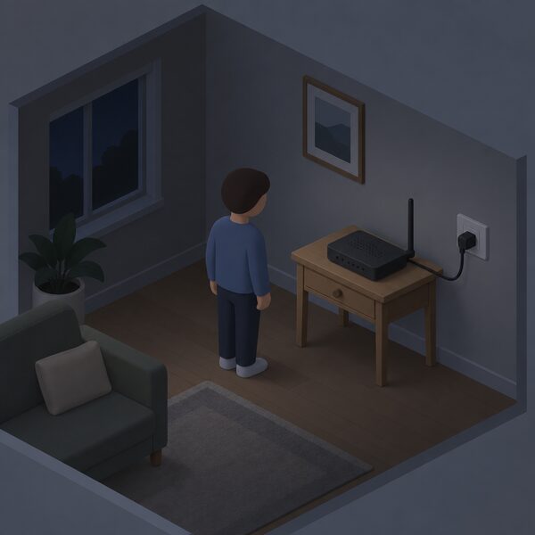 A small isometric figure stands in a dim living room beside a side table where a Wi-Fi router, its indicator lights dark, is plugged by its cable into a wall socket, with a plug socket faceplate and the router's antenna shown clearly.